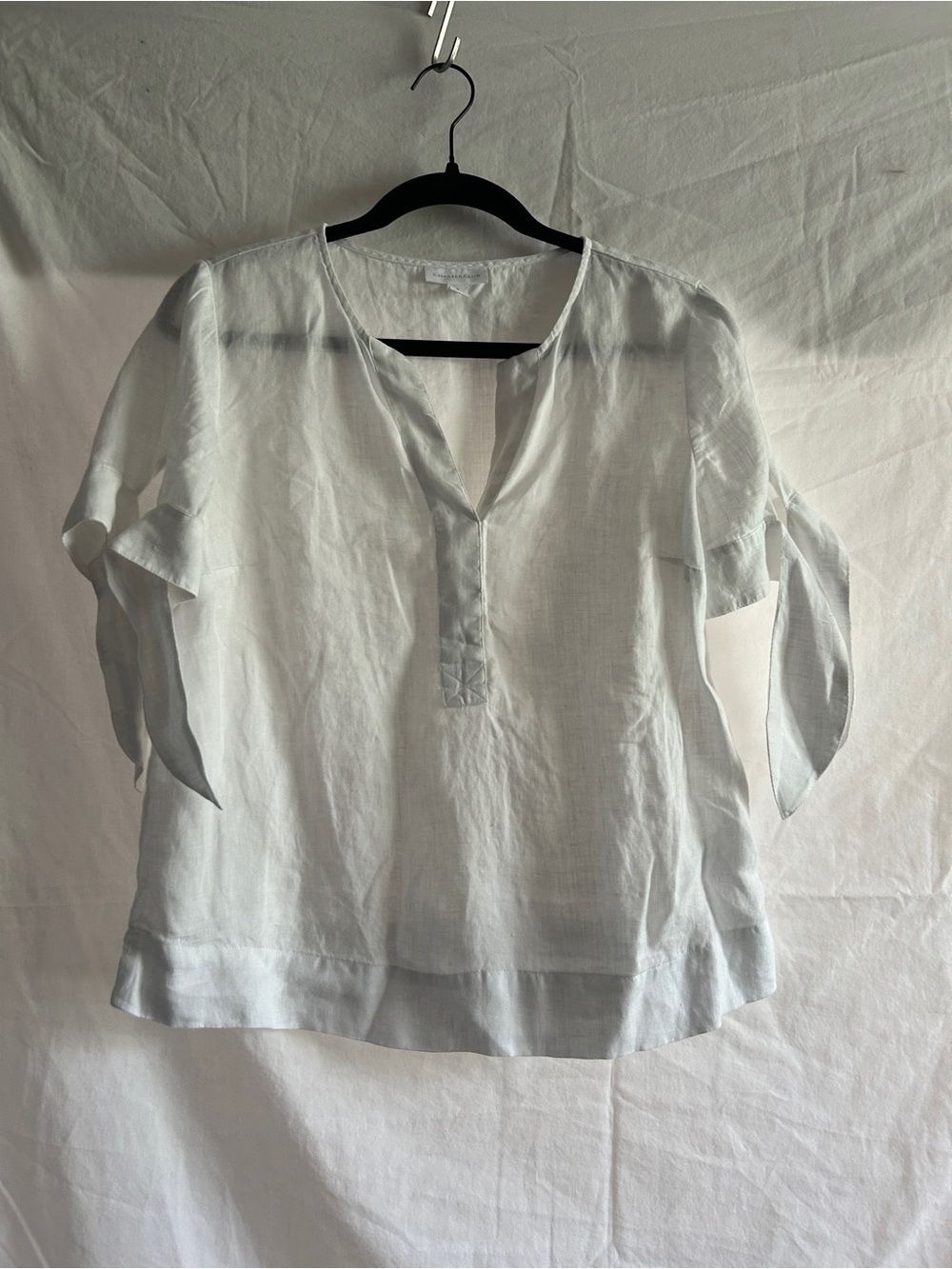 White Tie-Sleeve Linen Women's Top size Small